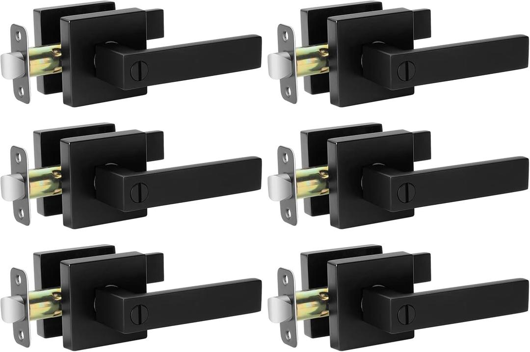 Matte Black Door Handle Interior Knob Keyless Levers Set (6 Pack), Heavy Duty Privacy Lock for Bedroom or Bathroom, Reversible for Left Right Sided Doors
