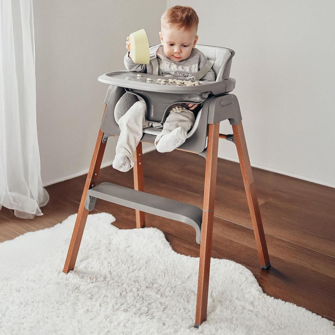 Fodoss Baby High Chair, Light Gray, 4-in-1 Foldable Design, Sturdy Metal Square Tube with Wood Grain, Removable Dishwasher Safe Tray, 5-Point Harness, Waterproof Cushion (grey)