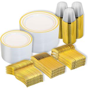 N9R 600PCS Disposable Plastic Plates, Gold Plastic Dinnerware Set Includes 100 Dinner Plates, Dessert Plate, Cups, Spoons, Forks, Knives for 100 Guests, Perfect for Party, Wedding, Birthday
