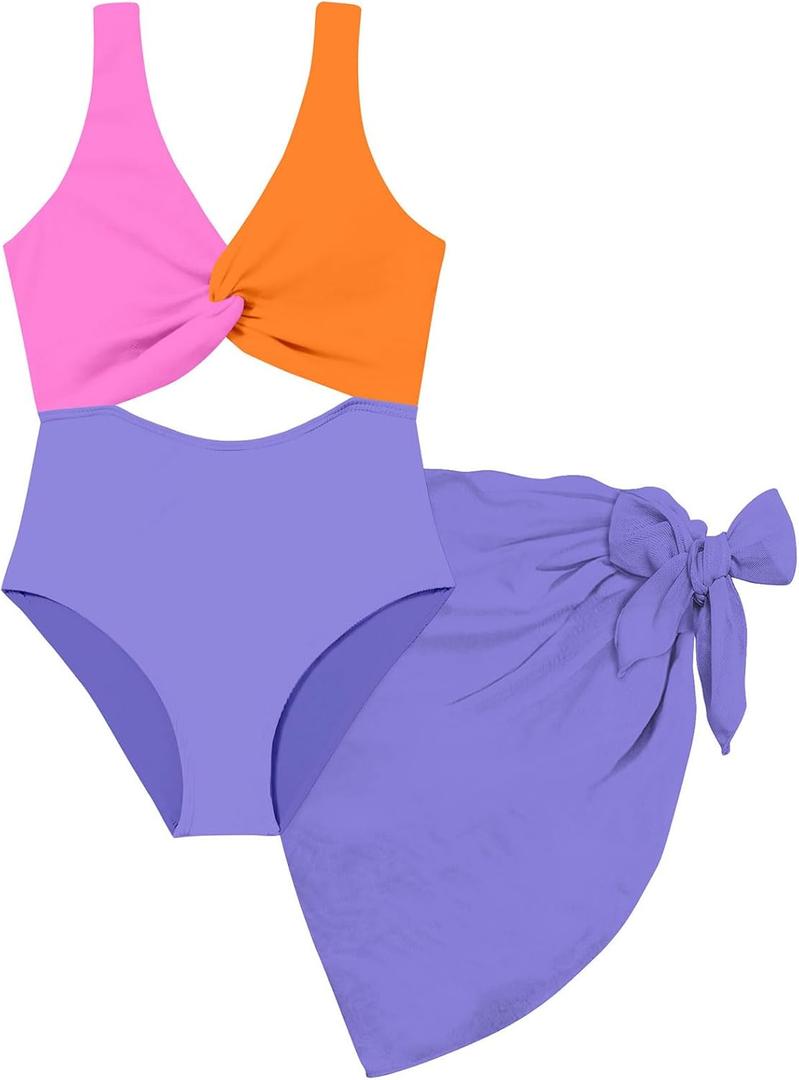 Funnycokid Girls One Piece Swimsuit Color Block Teen Bathing Suit with Pad Cover Up Skirt(7-16Y)