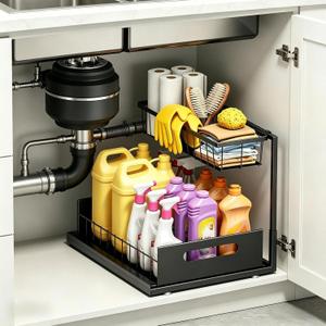 Ceetug Under Sink Organizers and Storage 2 Tier Slide Out Kitchen Cabinet Organizer Sturdy Metal Bathroom Storage (Black)