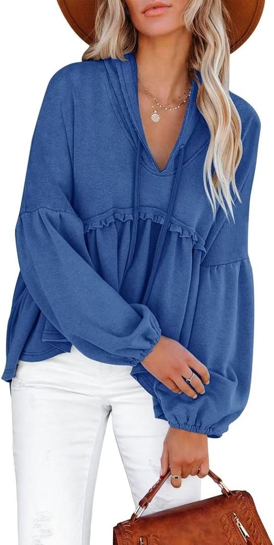 Limerose Womens Tunic Top Casual Long Sleeves Peplum Babydoll Ruffle Knit Hoodies Pullover  Large