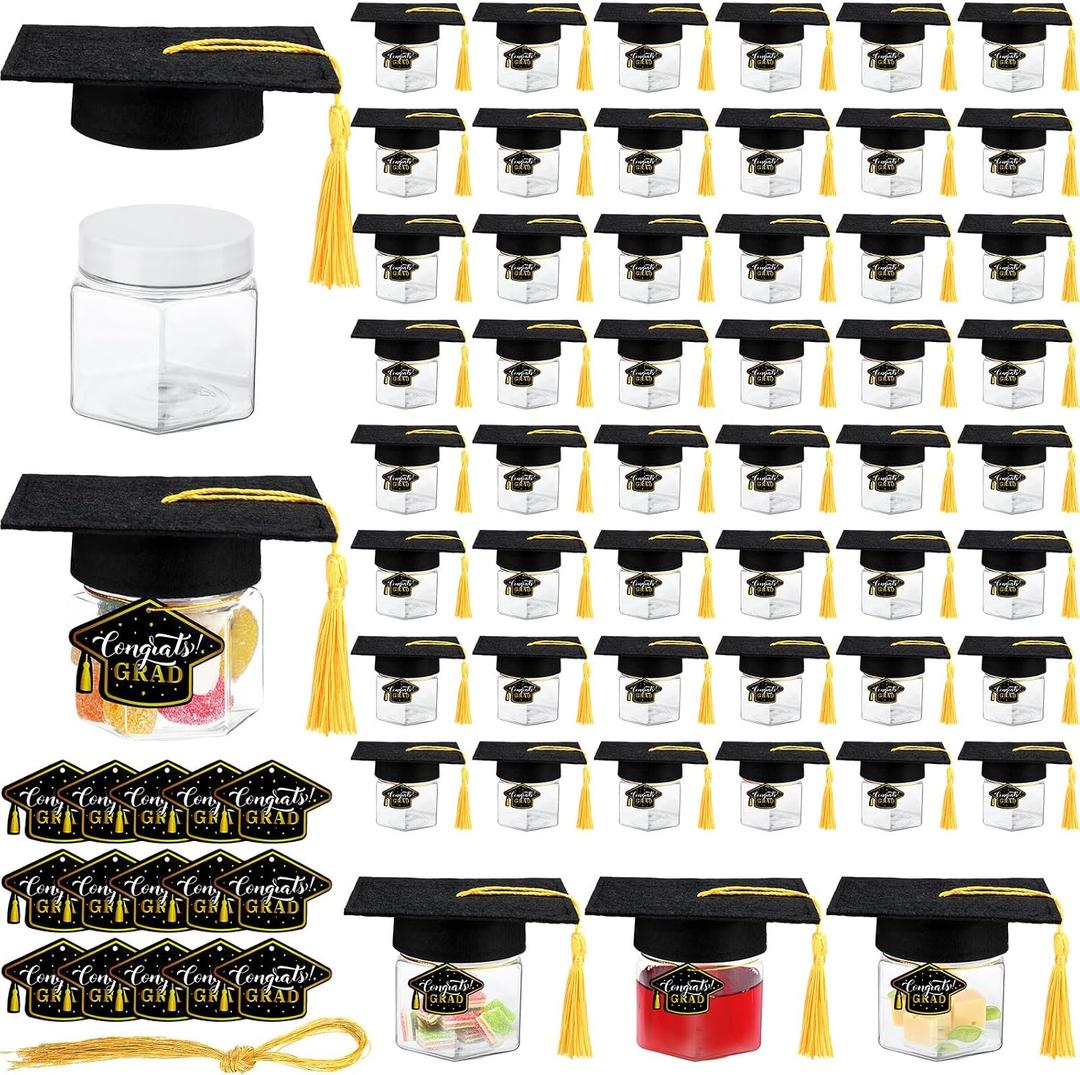 Newtay 50 Set DIY 2026 Graduation Party Favors Mason Jar Graduation Candy Gifts Jar Plastic Candy and Paper Cap for 2026 Party Decoration Kindergarten Supplies(Black)