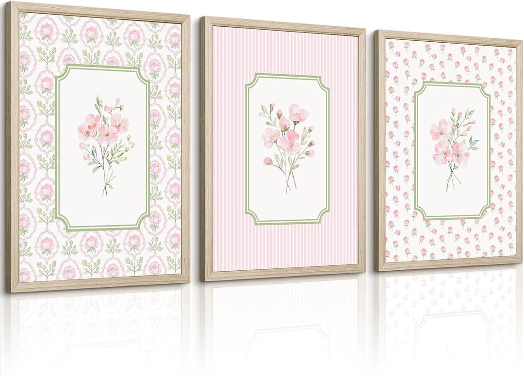 Pink Floral Wall Art Nursery Flower Canvas Wall Decor Baby Girl Wildflower Pictures Aesthetic Striped Botanical Poster Prints Pink Green Floral Painting Artwork for Girl Room 16x24 Inch Framed 3Pcs