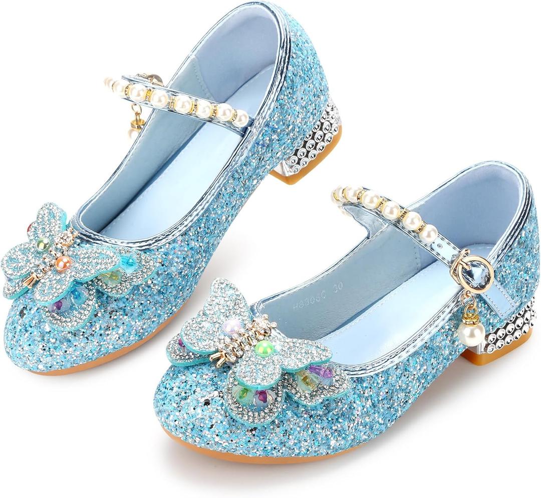 Girls Dress Shoes Mary Jane Princess Shoes Girls' Flats Glitter Low Heels Flower Wedding Party Footwear for Toddler Little/Big Kid (6 Toddler, 738 Blue)