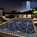 Lighted Outdoor Rug 8x10 ft, Solar Powered Patio Rug with 113 LED Lights, Waterproof Plastic Reversible Outdoor Straw Rugs, Rugs Mat for House Deck RV Camping Patio Beach Balcony Picnic (Blue White)
