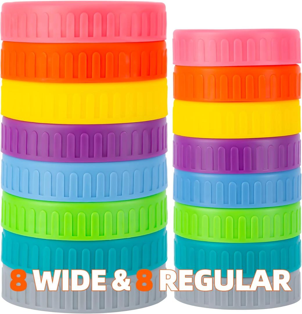 BOOMIBOO [16Pack] Intended For Mason Jar Lids, Wide Mouth & Regular Mouth, Canning Lids, Plastic - Leak-Proof