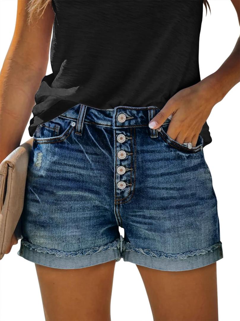KISSMODA Denim Shorts Women Trendy Button Summer Cut Off Short Womens Jean Shorts High Waisted Denim Hot Ripped Shorts (X-Large, C-navy Blue)