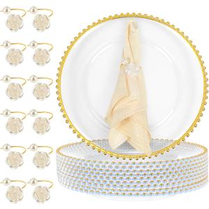 Tioncy 12 Set Clear Charger Plates with Napkin Rings 13 Inch Plastic Round Charger Plates with Bead Rim Dinner Table Decor for Christmas Holiday Party Wedding Tabletop Decoration(Rose,Gold)