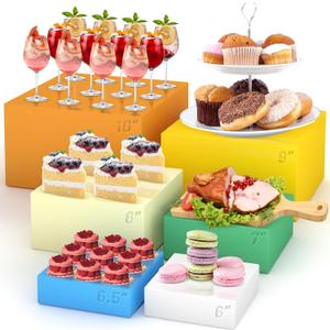 6 Pcs Buffet Food Risers, Large Acrylic Dessert Cupcake Table Stands Fruit Display Shelf Catering Supply Party Jewelry Show Decor Risers Cube Box Nesting Multicolor(10", 9", 8", 7",6.5", 6")