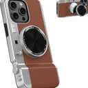 Integrated Camera Phone Case for iPhone 15 Pro, Cute 3D Cartoon Retro Bluetooth Camera Phone Case with Mirror Hard PC Back Cover + Soft TPU Protector Compatible with Magsafe Brown