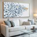 SOUGUAN Large Canvas Wall Art,Ocean Blue Animal Pictures Print,Fish Canvas Wall Decor,Blue And Gold Artwork for Living Room Bedroom Kitchen 24"x48"