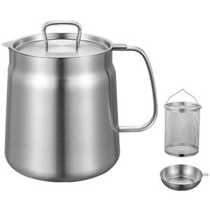 OTDOGUO Oil Pot 2L, Oil Pot Stainless Steel Large Capacity Oil Fryer and Filter Cup Combo Versatile Oil Filter for Kitchen