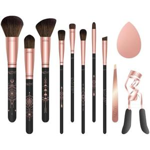 Pack of 2 Makeup Brush Set 11Pcs with Eyelash Curler & Eyebrow Tweezers, Makeup Brushes with Eyeshadow, Foundation,Powder Puff, Highlighter, Concealer, Blusher, Powder Brush, Make up Kits for Adults