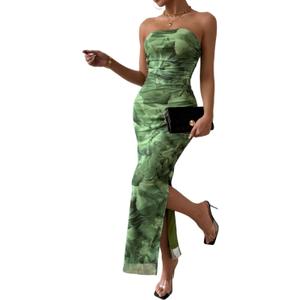 LIGHT DOT Women's Summer Dress Printed Strapless Tube Bodycon Maxi Side Slit Mesh Layered (Medium, Olive Green)