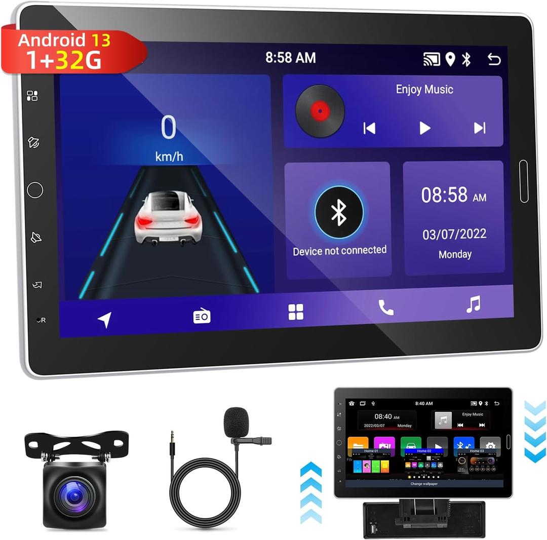 [1G+32G] 10.1 inch Android 13 Single Din Car Stereo with Detachable Screen, 10 inch Touch Screen Radio with Mirror Link/1080P/EQ Audio/SWC/Bluetooth + AHD Backup Camera + MIC