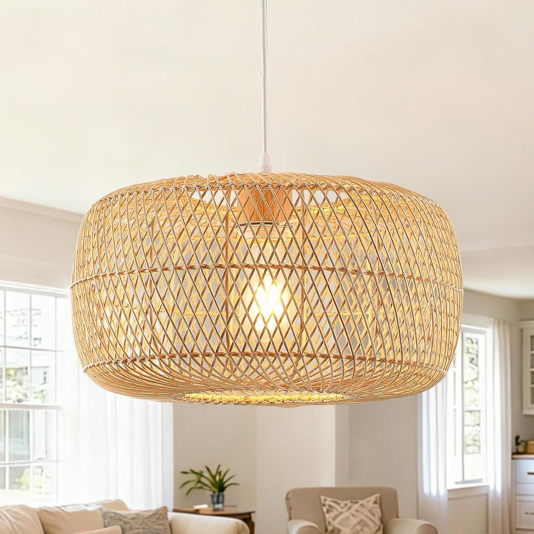 Hand-Woven Rattan Drum Pendant Light, 16in Boho Wicker Chandelier Hanging Lighting Fixture Coastal Pendant Lights for Dining Room Kitchen Island Living Room Bedroom Foyer Entrance (Rattan(16x8.3in))