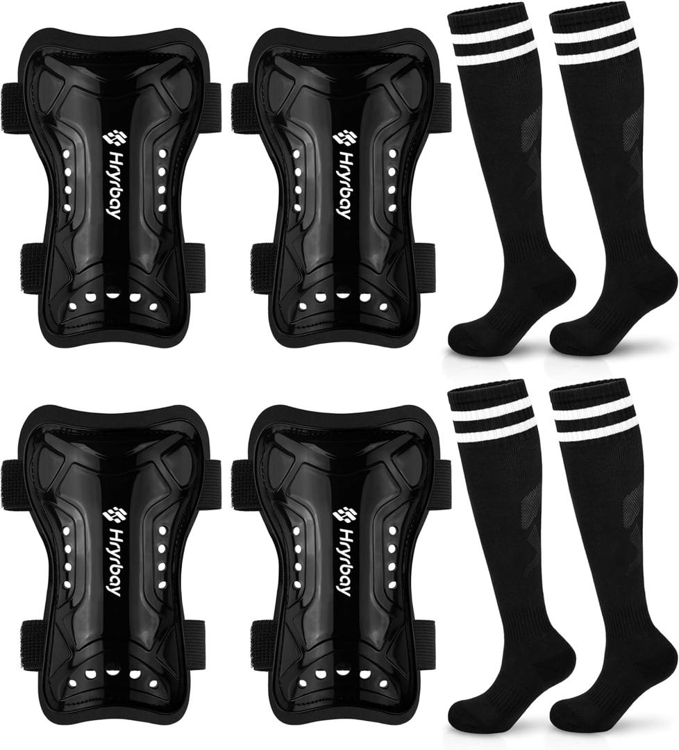 Hryrbay 2 Pairs Kids Soccer Shin Guards and Socks Set Toddler Shin Pads Protective Gear for Boys Girls, Perfect for Play Training or Games Inspired by The World Cup (Small, Black, Black)