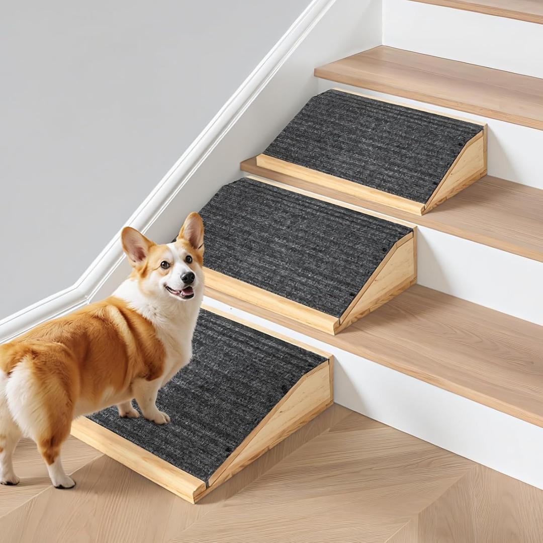 3-Pack Wooden Dog Ramp for Stairs, Anti-Slip Pet Steps for Small Dogs with Carpet Surface, Low-Angled Pet Ramps for Staircase, Steps and Stairs Assist for Injured & Aged Pets, Stairs Ramp for Dogs
