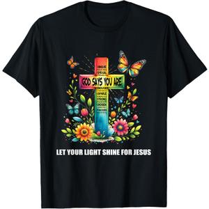 Christian Glow-for Jesus Let Your Light Shine Faith Cross T-Shirt, Black, 3X