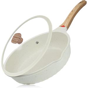 Vinchef Nonstick Deep Frying Pan, Saute Pan with Lid, 11"/5Qt, German 3C+ Ceramic Coating, Induction Compatible, White Color, Cookware for Kitchen