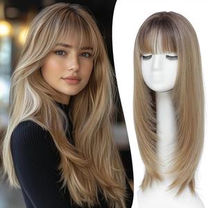 YKHJH Hair Topper,360° 3D Hair Toppers for Women with Thinning,7"X 8" Large Base 22 Inch Long Layered Synthetic Hair with Bangs for Daily Use (Ombre Blonde with Dark Root)