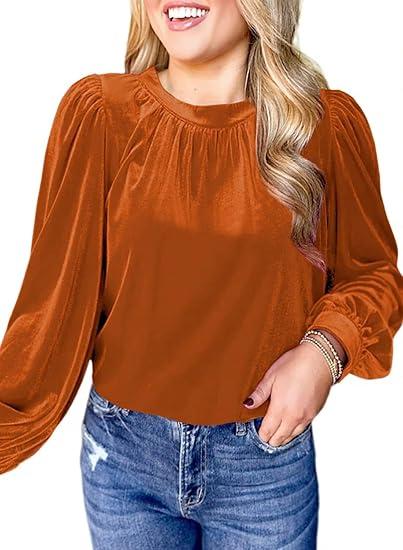 Womens Puff Long Sleeve Velvet Tops Fall Winter Trendy Dressy Cute Elegant Ruched Holiday Tunic Shirts  L, Rusty Brown
