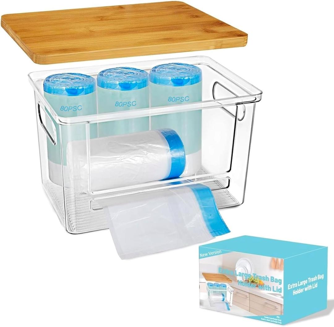Riian Trash Bags Dispenser, Trash Bag Holder, Stackable Garbage Bag Holder with Bamboo Lid, Acrylic Storage Container for Under Sink, Laundry Room Organization and Storage (1 Pack)