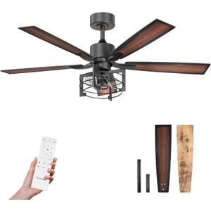 Consciot 52 Inch Ceiling Fans With Lights Remote, Modern Farmhouse Caged Ceiling Fan, Reversible Motor, 5 Double Finish Wood Blades, Rustic Ceiling Fan For Porch, Living Rooms, Bedroom, Hunter Black