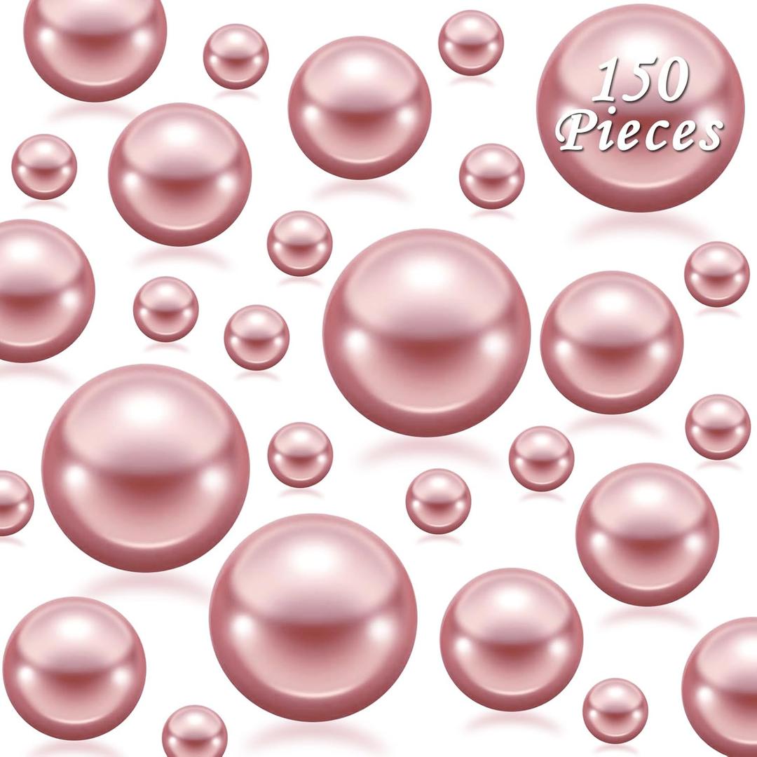 150Pcs Rose Gold Polished No Hole Faux Pearl Beads for Vase Filling Decorations, Plastic Pearls Vase Fillers, Table Scatters, Wedding Centerpiece, Home Decor, 8/14/20 mm