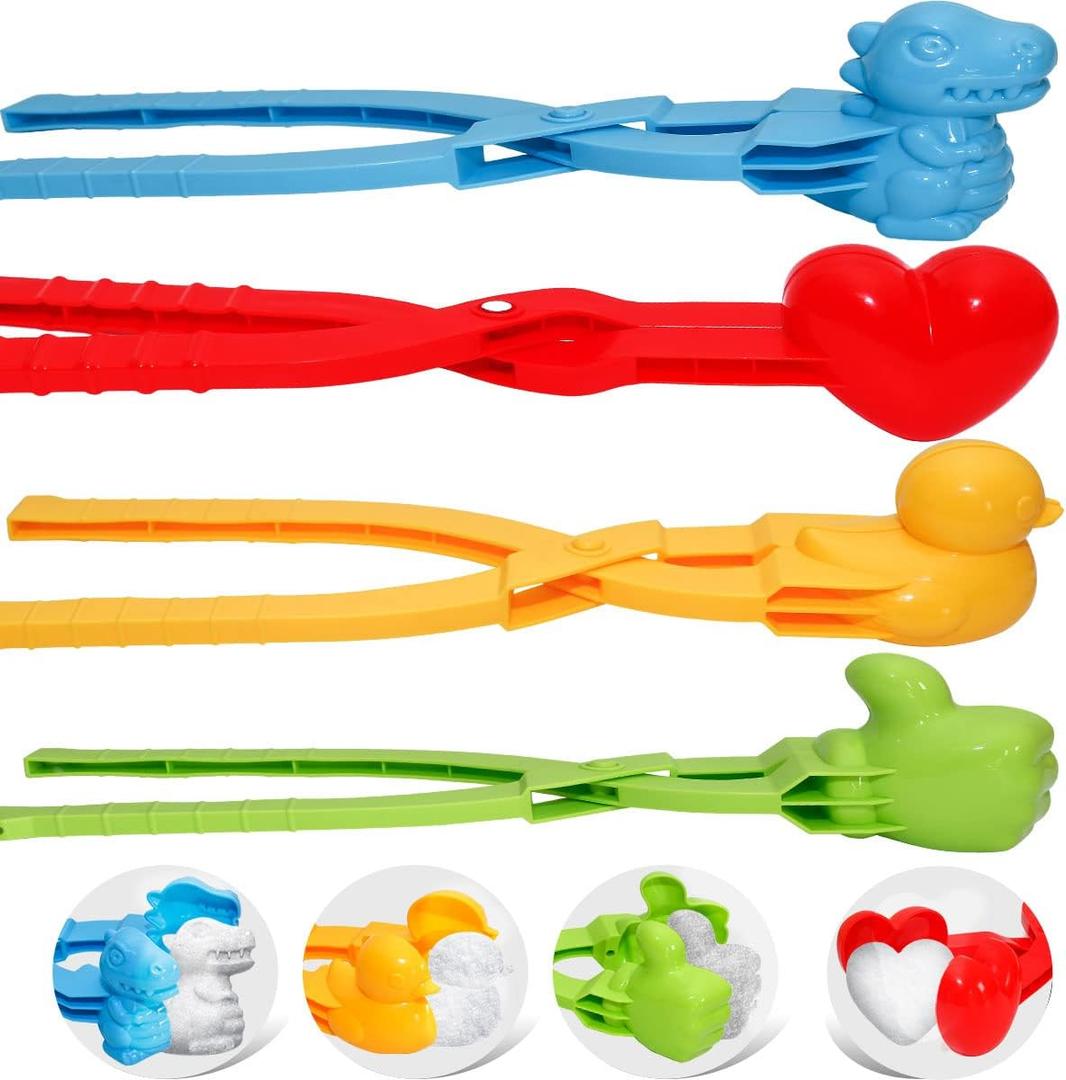 Holady 4PCS Large Size Snowball Maker Clip,Snowball Maker Tool with Handle for Snow Ball Fights, Snow Toys Kids Winter Outdoor ToysDinosaur, Love Heart, Duck, Thumb Shape