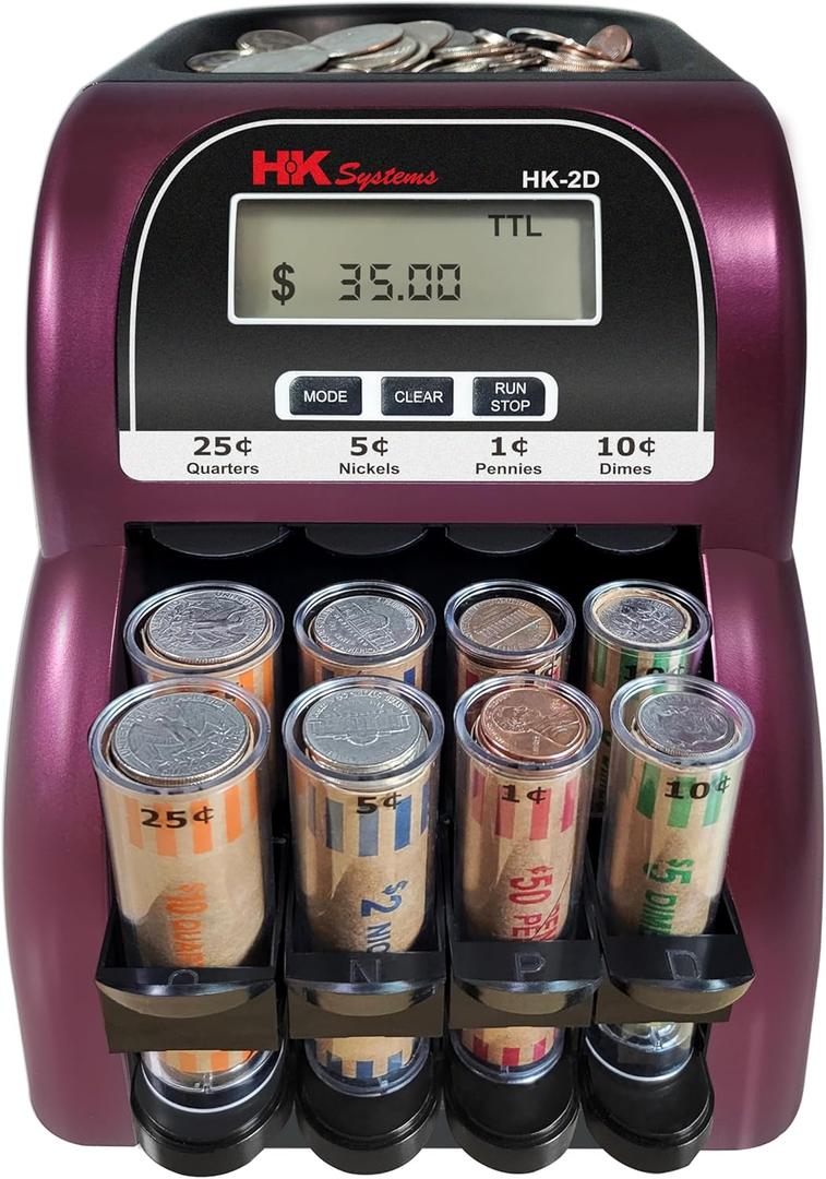 HK SYSTEMS HK-2D, Digital USD Coin Counter and Sorter with LCD Display, Sorts 260 Coins Per Minute into Coin Wrappers, 2 Row Coin Wrapper Tubes Included