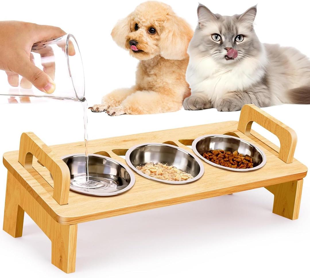 Bamboo Cat Food Bowl for Indoor, 3 Stainless Steel Raised Cat Bowls with Stand, 15Tilted Cats Bowl for Small Dog, Cats Food and Water Bowl Set, Anti Vomitting, Whisker Fatigue and Dishwasher Safe (Original wooden)