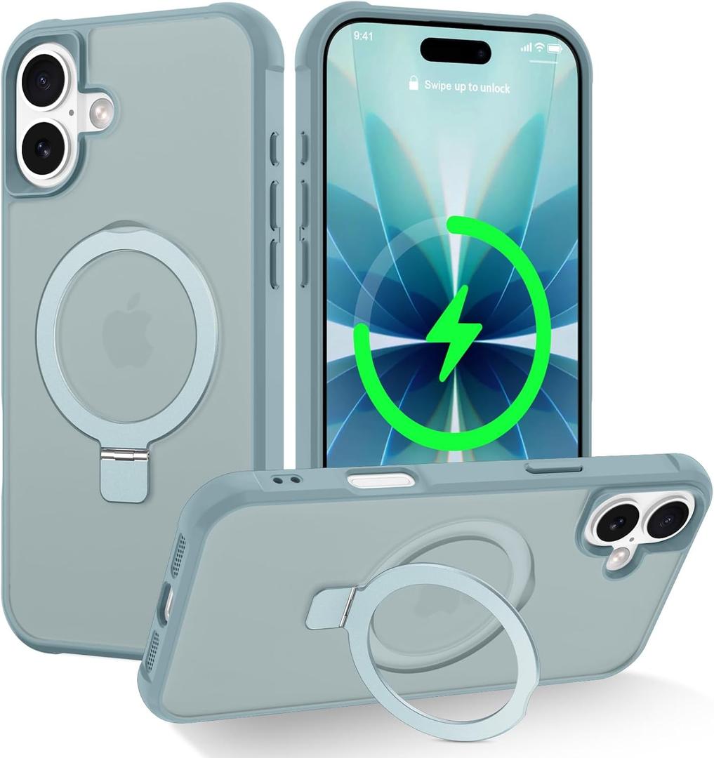 CHAOFEnG Magnetic Compatible with iPhone 17 Case with Stand [Military Grade Drop Tested][Compatible with Magnet] Ring Translucent Slim Hard Back Soft Edge, Teal Green