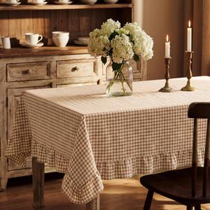Mindsoft Plaid Ruffled Table Cloth Cotton Linen Fabric Checkered Gingham Tablecloth Farmhouse Vintage Buffalo Plaid Decorative Table Cover for Dining Room(70 x 52 Inches,Brown)