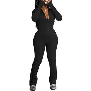 HBQ Women's 2 Piece Tracksuit Sets Long Sleeve Zip Up Crop Tops and Flare Pants Casual Workout Oufit Jogger Loungewear Set (X-Large, Black)