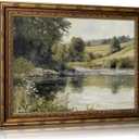 Vintage Gold Framed River Wall Art Painting, Summer River Landscape Canvas Poster Decorative Painting for Bedroom Bathroom Living Room Office Decor 16x24 inch