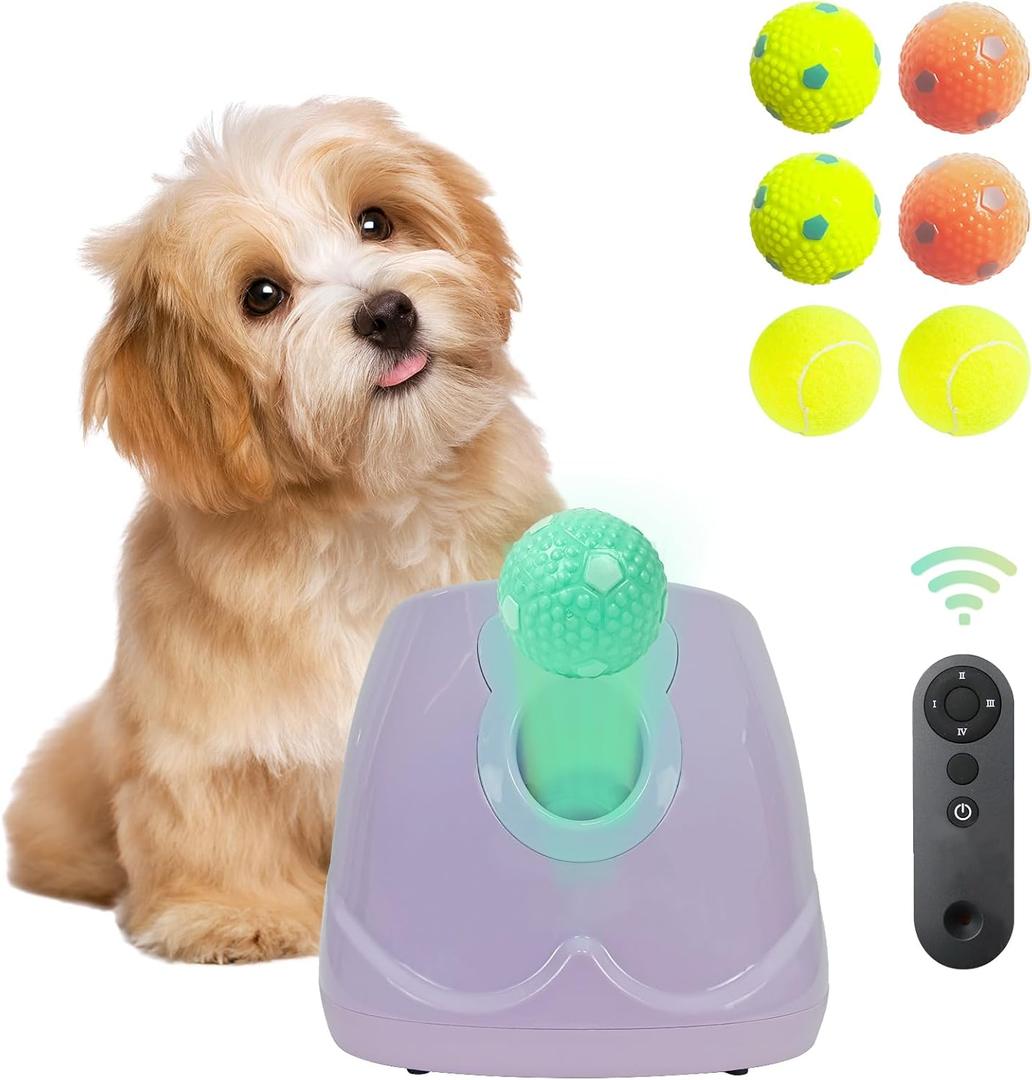 Dog Ball Throwing Machine Automatic for Small to Medium Sized Dogs, Dog Interactive Toy Pet Ball Launcher with Balls (Purple with Remote Control) 