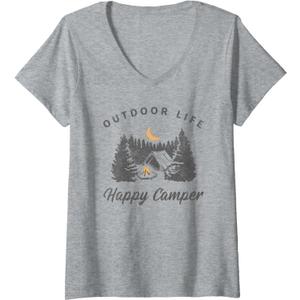 Womens Happy Camper Outdoor Life Forest Camp Camping Nature Vintage V-Neck T-Shirt, Size M