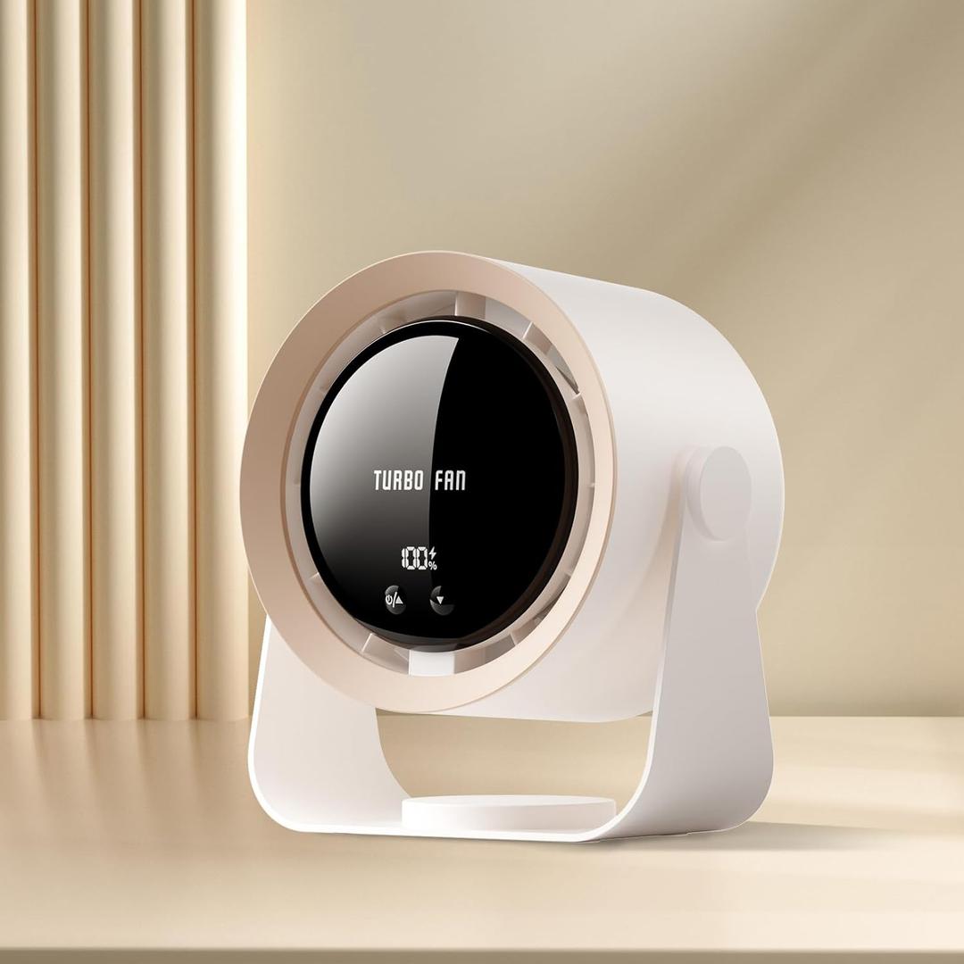 Desk Fan, USB Rechargeable Quiet Desktop Fan with 5400mAh Battery & LED Display, Adjustable Speed Control, 90 Tilt Head Hangable Table Fan for Office, Bedroom, Dorm, Kitchen (Khaki)