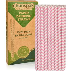 Biodegradable Pink Paper Straws for Drinking - 10 Inches Long, 0.24" Diameter, Pack of 100