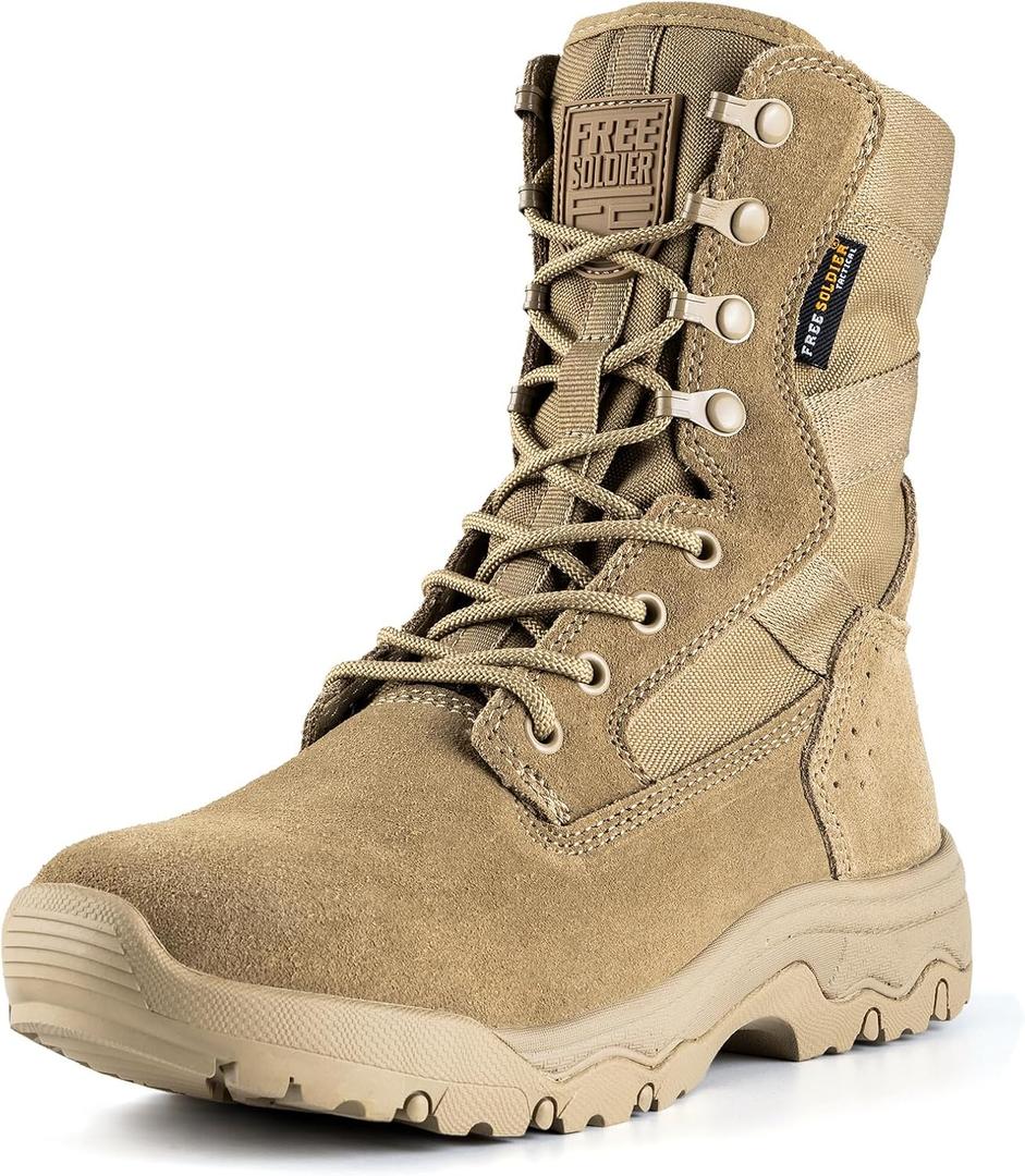 FREE SOLDIER Womens Tactical Boots 8 Inches Lightweight Combat Boot Durable Military Work Outdoors Boots Desert Boot for Women (7, Tan-thin)