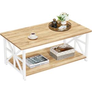 GreenForest Coffee Table with Round Corner, Farmhouse Center Table with 2-Tier Storage Shelf X-Frame Design for Living Room, 39 inch Oak