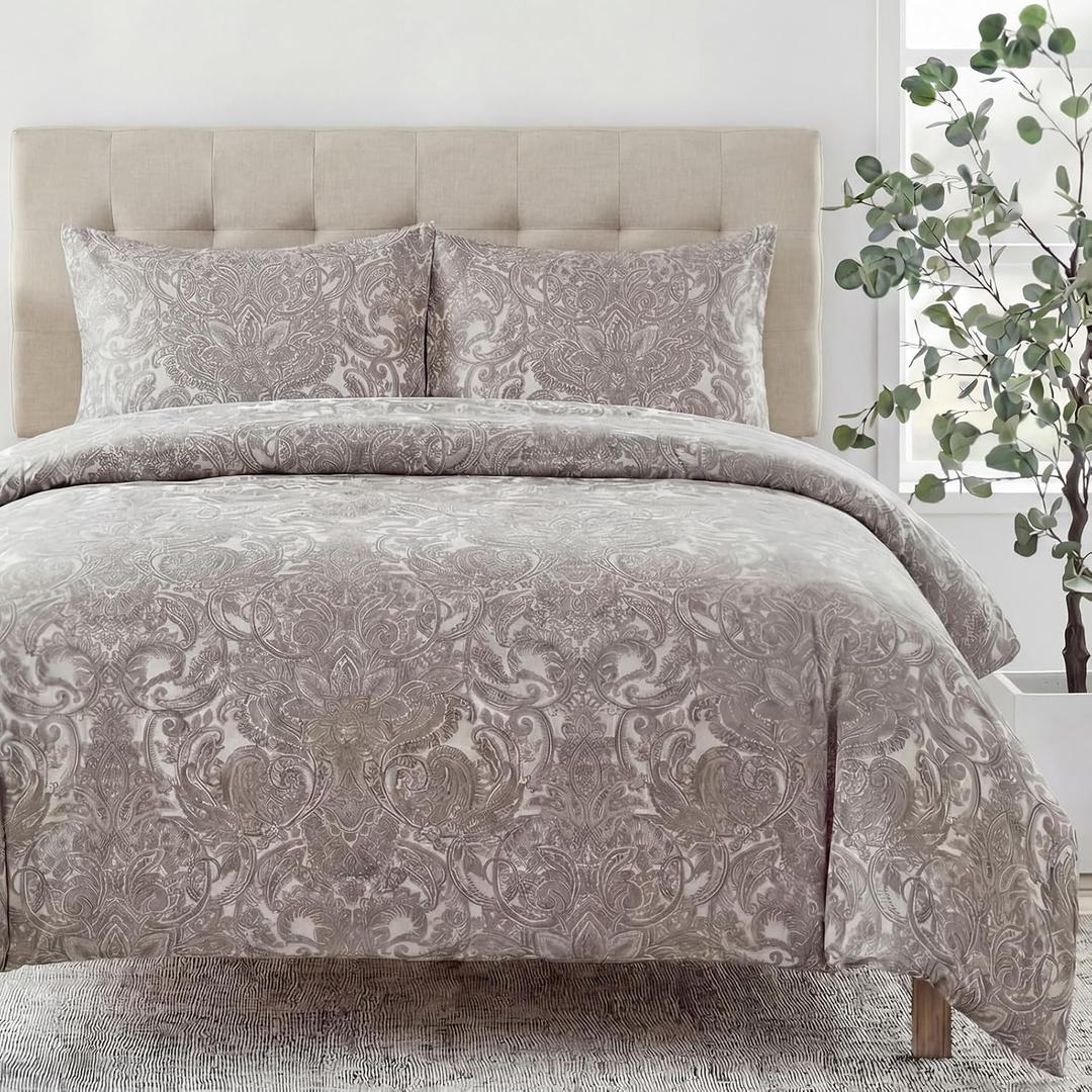 MOVE OVER 100% Cotton Duvet Cover Set King Size, Boho Paisley Bedding Set with Zipper Closure & Corner Ties, Soft Breathable Taupe Paisley Floral Duvet Cover for All Seasons
