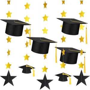 Shyyween 9 Pcs Gold Black Hanging Graduation Caps Decoration Sets 2026 Grad Cap Garland Kit Congrats Grad Banner Party Supplies Graduation Decoration for School Classroom Home College Ceiling Decor