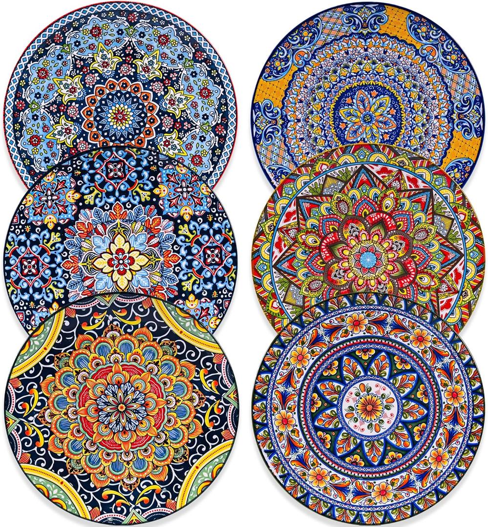 8.5 Inch Ceramic Dinner Plates Set of 6, Bohemian Appetizer Dessert Plates, Microwave Oven Dishwasher Safe, Hand Painted Artisan Design, Gift for Housewarming Thanksgiving