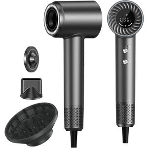 Hair Dryer, 150000 RPM Brushless Motor with 500M Negative Ions, Fast-Dry Lightweight Design, ThermoControl & Magnetic Nozzle/Diffuser, Low Noise Salon Blow Dryer for All Hair, Travel, Home, Dark