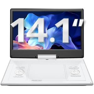YOTON 16.9" Portable DVD Player, 4-6 Hours Rechargeable Built-in Battery, 14.1" HD Swivel Screen, Dual Stereo Speakers, USB/SD/AV/Audio/Gamepad Support -White [Not Support Blu-Ray]