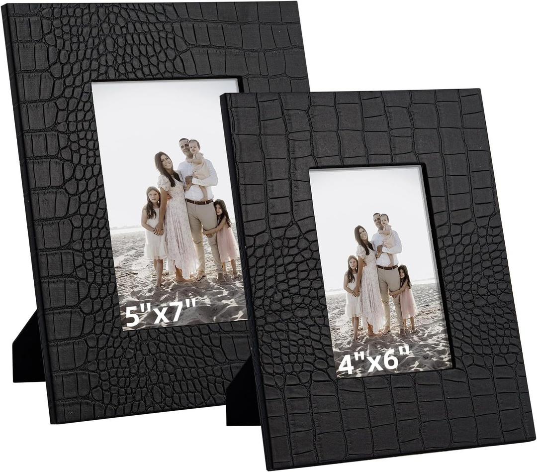 4x6 5x7 Picture Frames Set of 2, Modern Ornate Crocodile Leather Photo Frames with HD Glass Front, Farmhouse Table Top Display or Wedding Home Decor (Black)