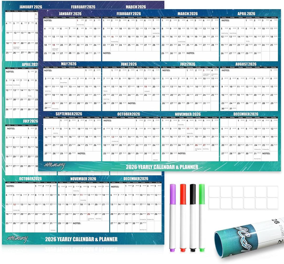 32" x 48" Apricity 2026 Wall Calendar Dry Erase - Aurora Green Wall Calendar Wet & Dry Erasable Laminated 12 Month Annual Yearly Planner, Reversible, Horizontal/Vertical,with Julian Dates